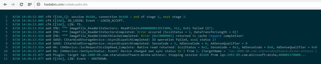 Screenshot of the log