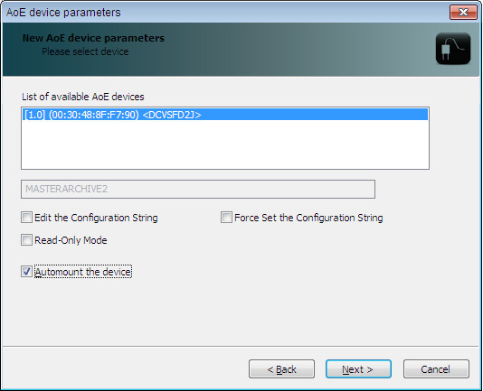 Here you can see that I can "see" the CORAID unit OK. So I select it and click "Next" ....