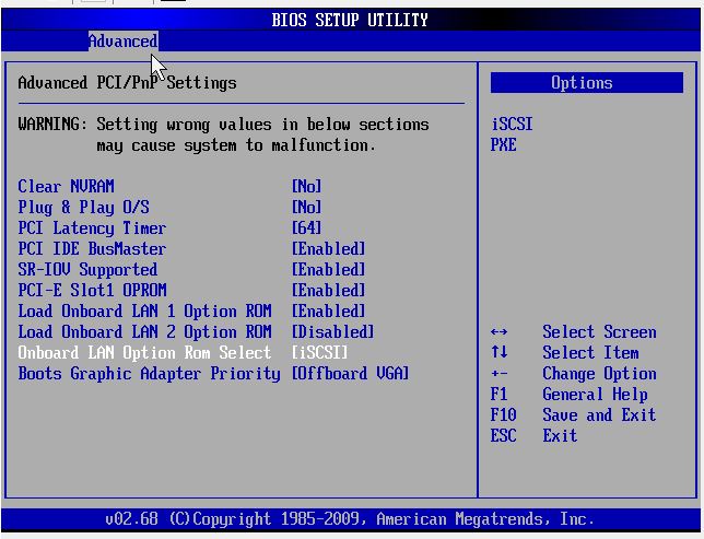 iscsi initiator - iscsi boot bios settings