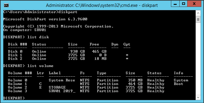 Physical Server 2012R2 disk info