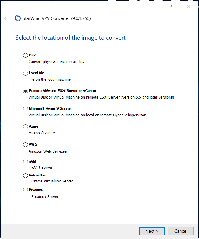 select esxi or vcenter as source