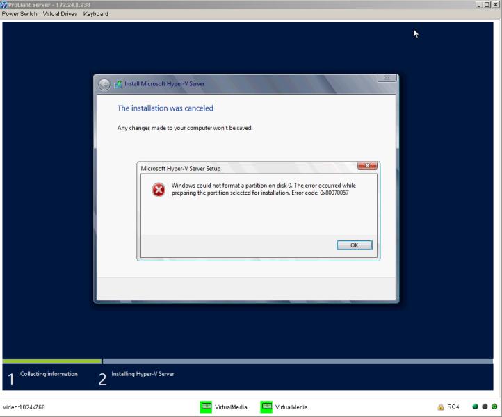 A Screen Capture of the Hyper-V Server 2012 Install failure due to failure to format the iSCSI Bootable LUN 0
