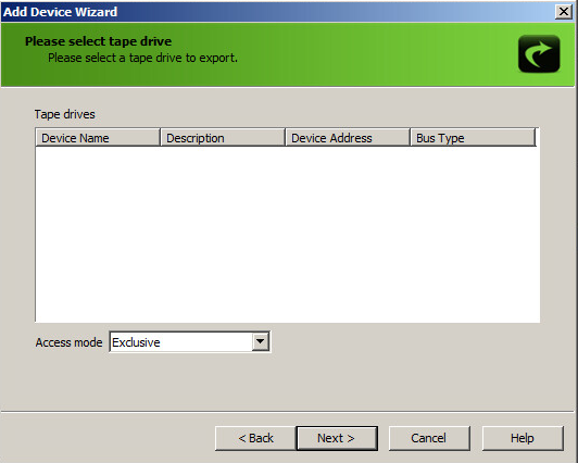 Choosing tape drive. Empty list.
