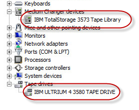 Device manager showing drive and library.